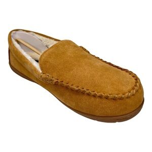 NWT Lands’ End Men’s English Tan Suede Leather Faux Fur Lined Moccasin Slippers